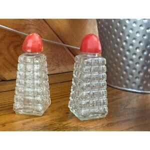 Vintage Glass Salt and Pepper Shakers Red Plastic Lids Mid Century